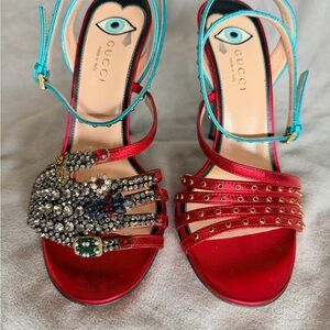 Gucci Red and Teal Embellished Heels